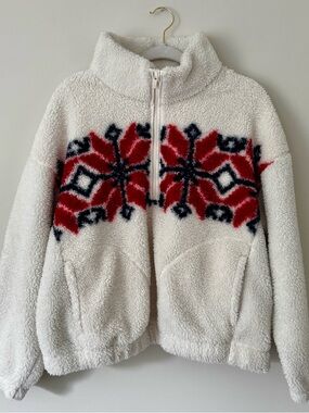 All In Motion High Pile Fleece 1/2 Zip Pullover, Cream/Red/Blue – Large